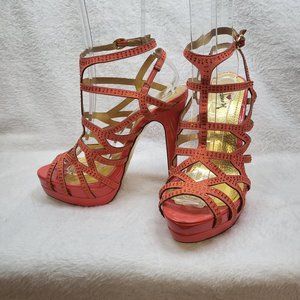 Luichiny Red Coral Rhinestone Strap Platform High Heel Shoes